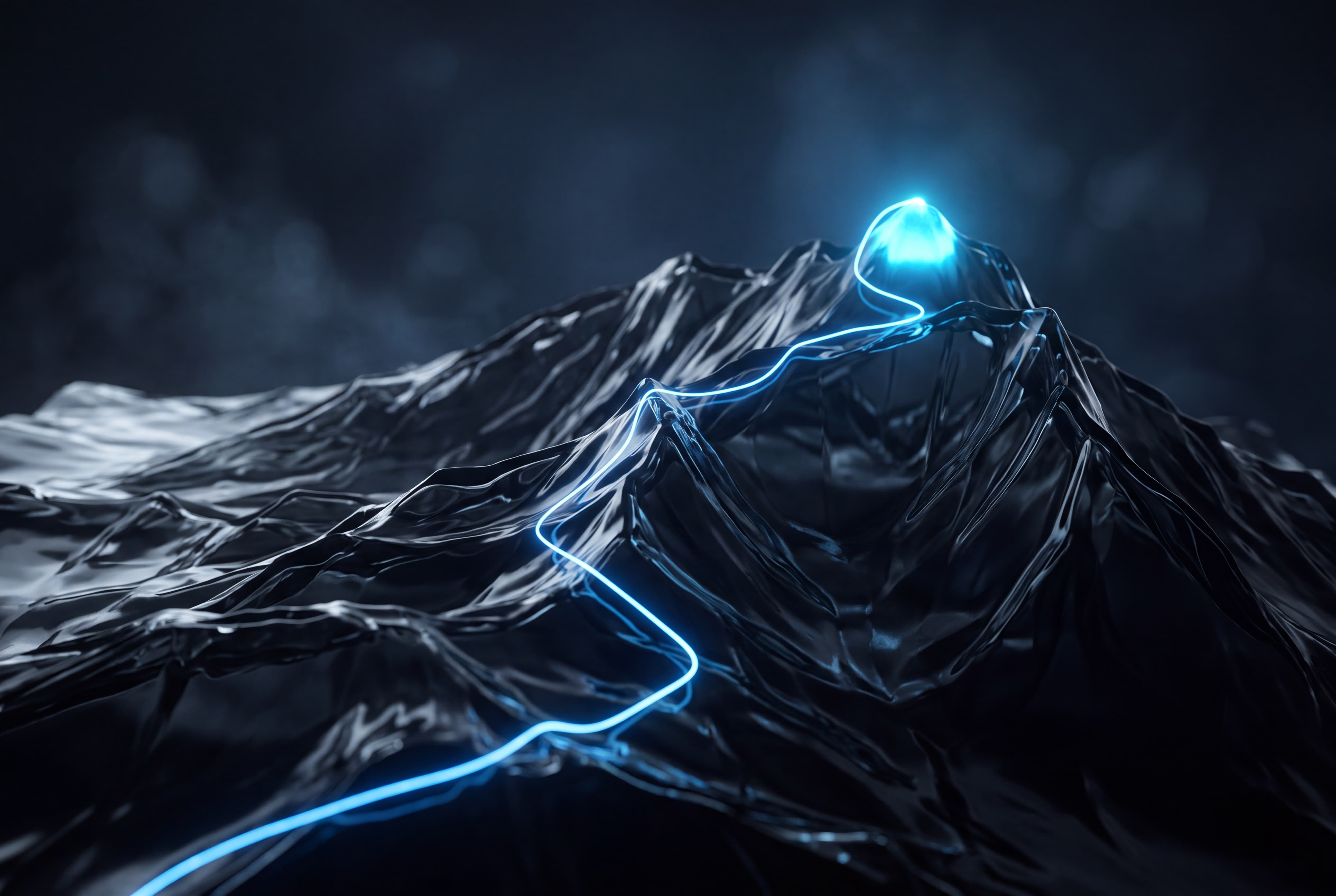 Dark glass terrain with a single lit route to a summit