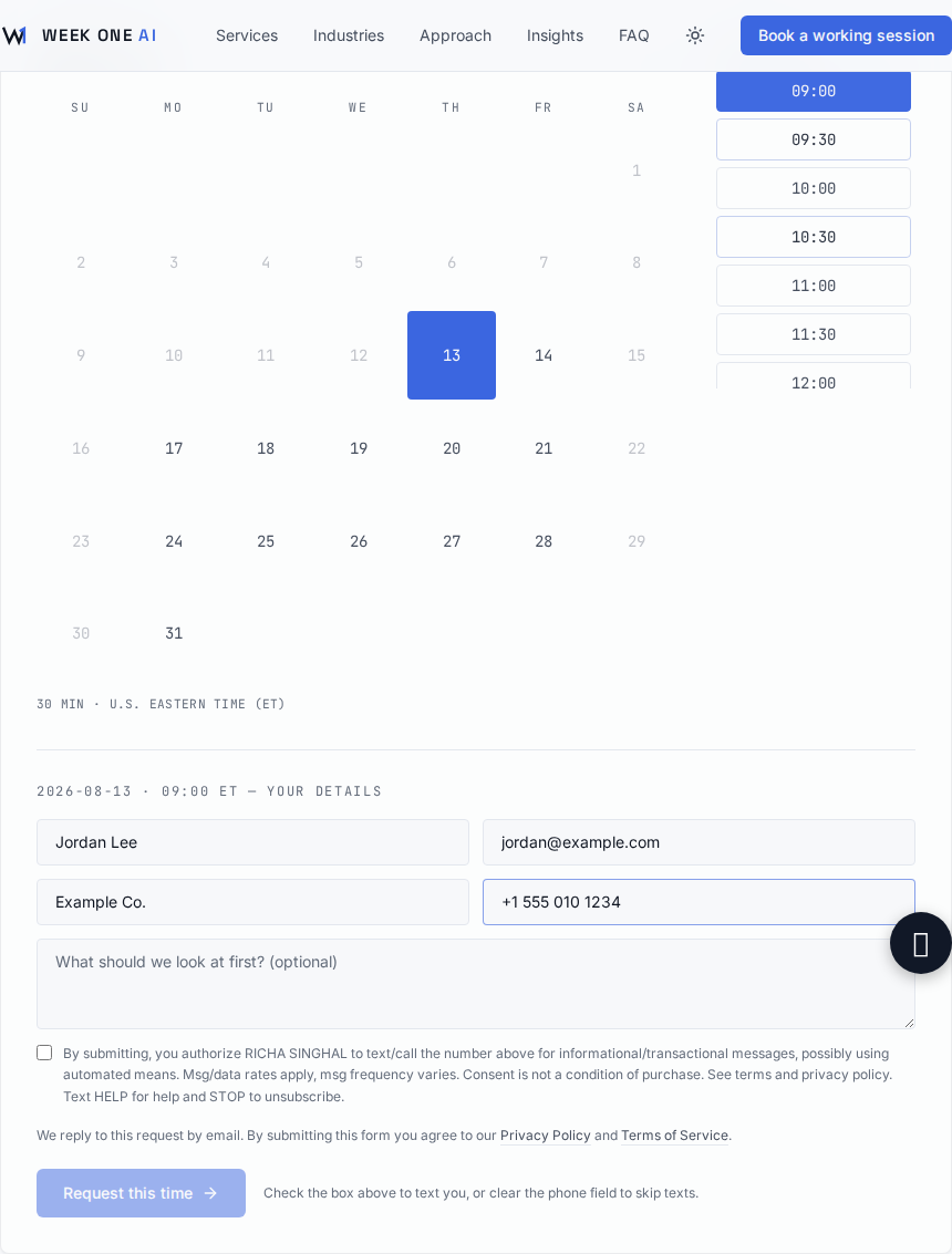 The Week One AI booking form on weekoneai.com/contact, showing the Phone field and the unticked consent checkbox authorizing customer-care text messages.