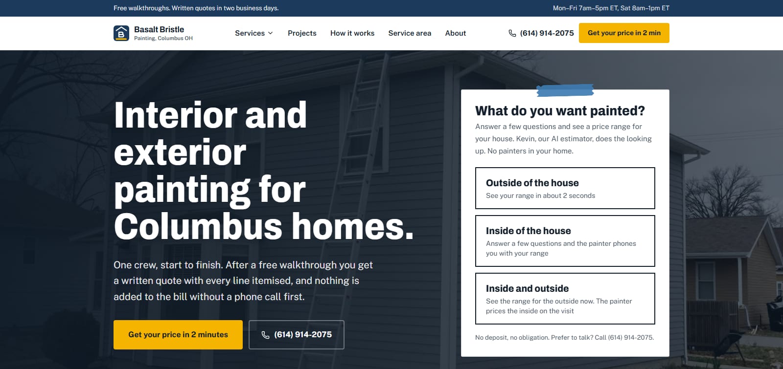 The Basalt Bristle demo website: header with phone number, hero headline, and the "What do you want painted?" price-range panel